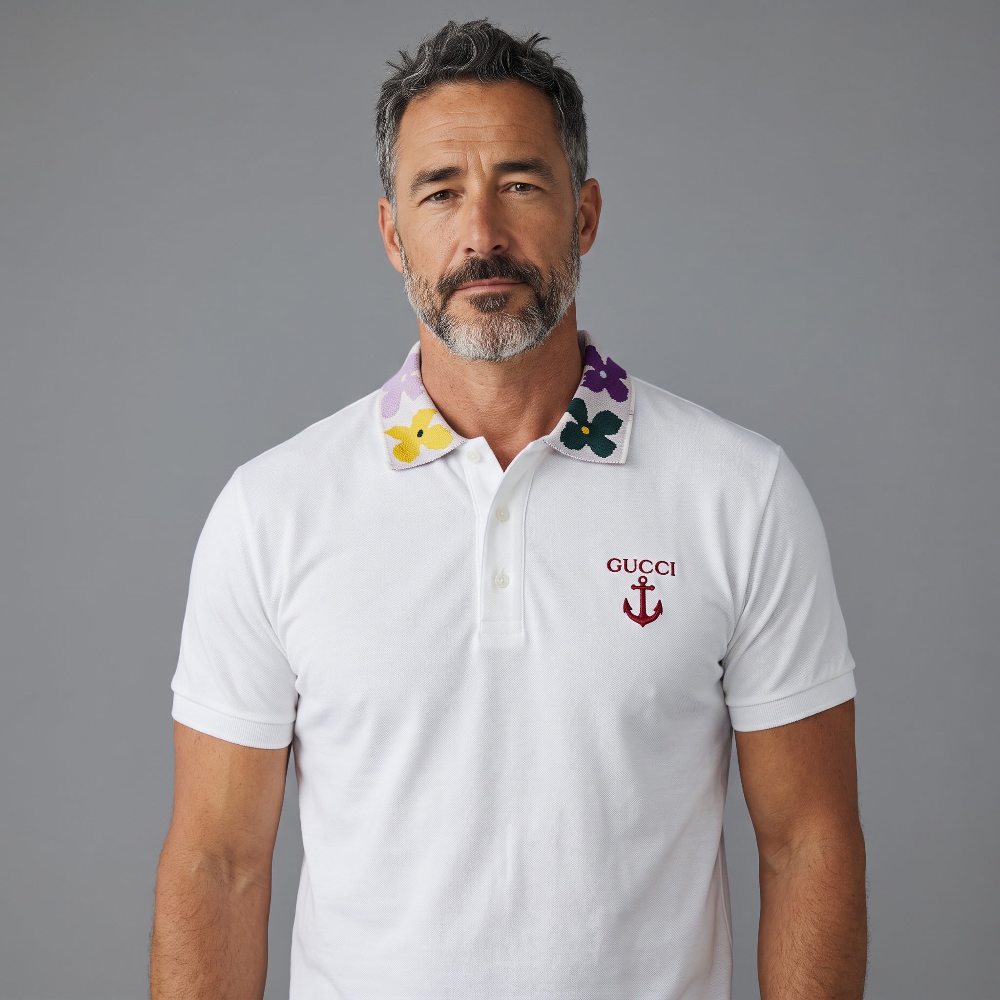 White Gucci polo shirt with multicolour floral knit collar and embroidered logo