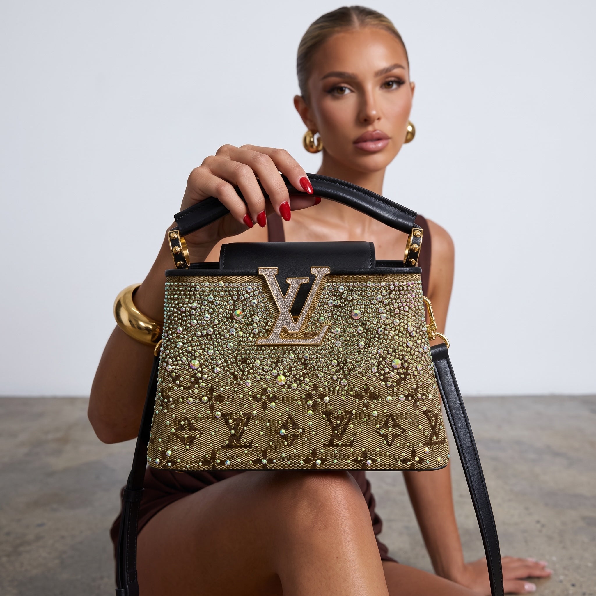 Louis Vuitton brown monogram top-handle bag with crystal studs and gold LV logo