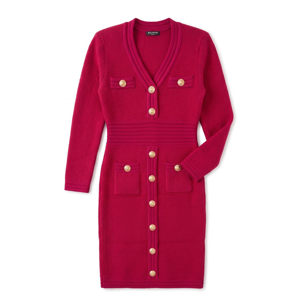Balmain fuchsia pink long-sleeve knit cardigan mini dress with gold buttons.
