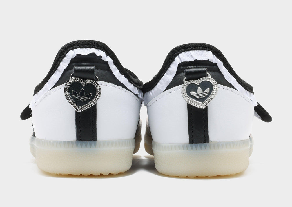 Adidas Samba Mary Jane white with black stripes and heart heel charms