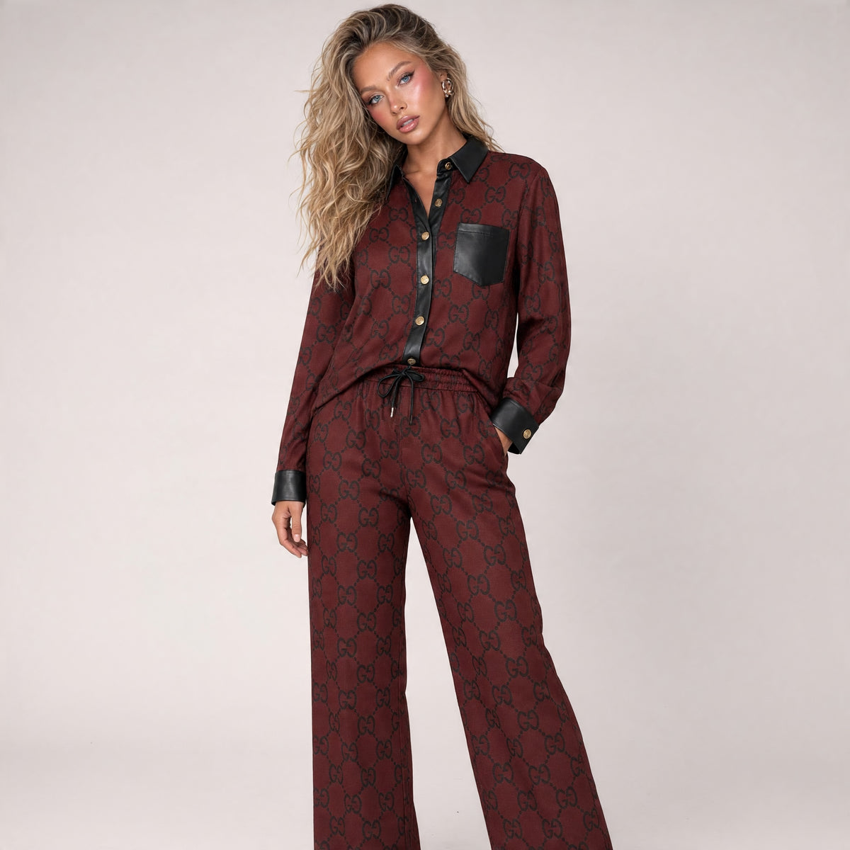 Gucci burgundy GG printed shirt with black trim and matching drawstring trousers set