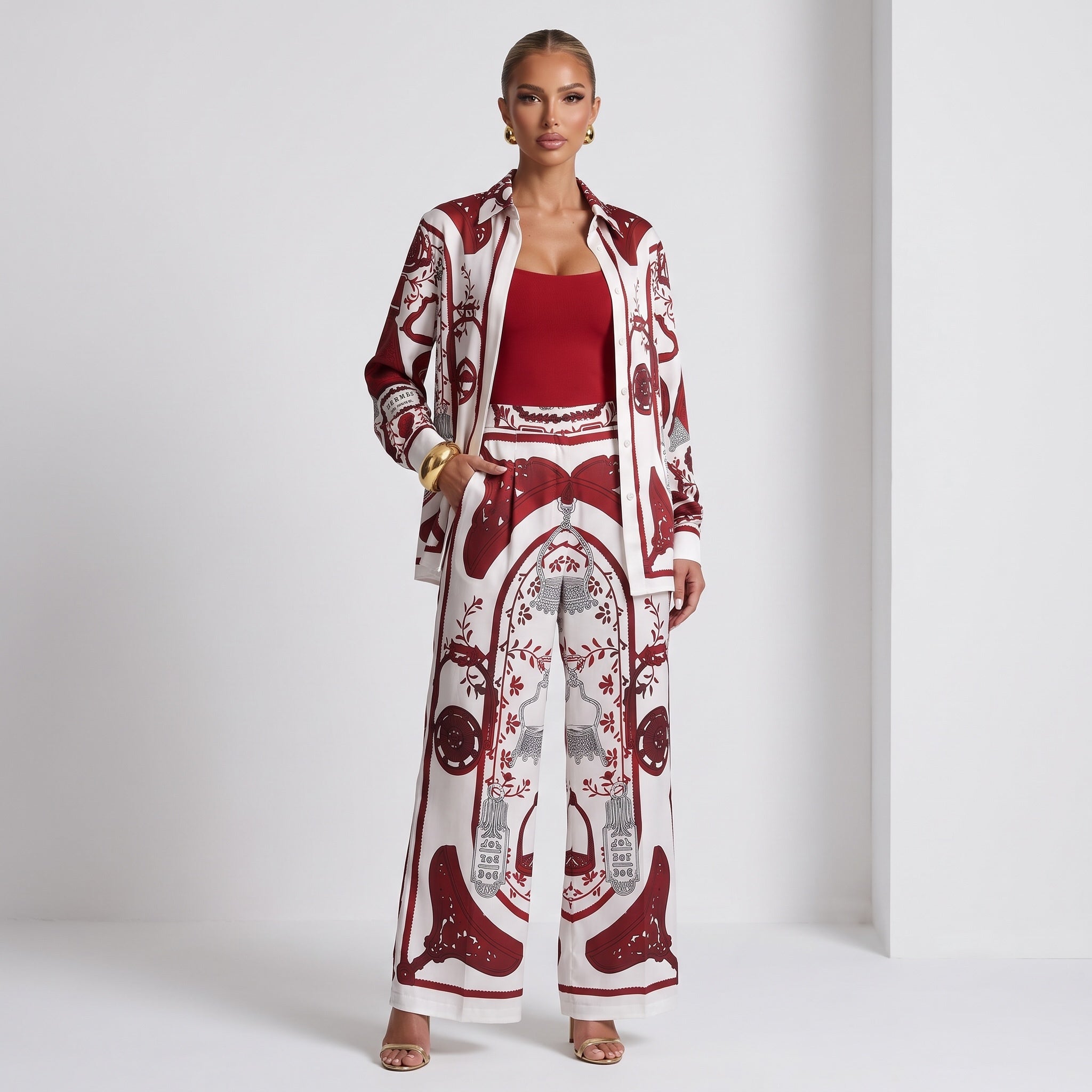 Hermes red and white printed shirt with matching wide-leg trousers