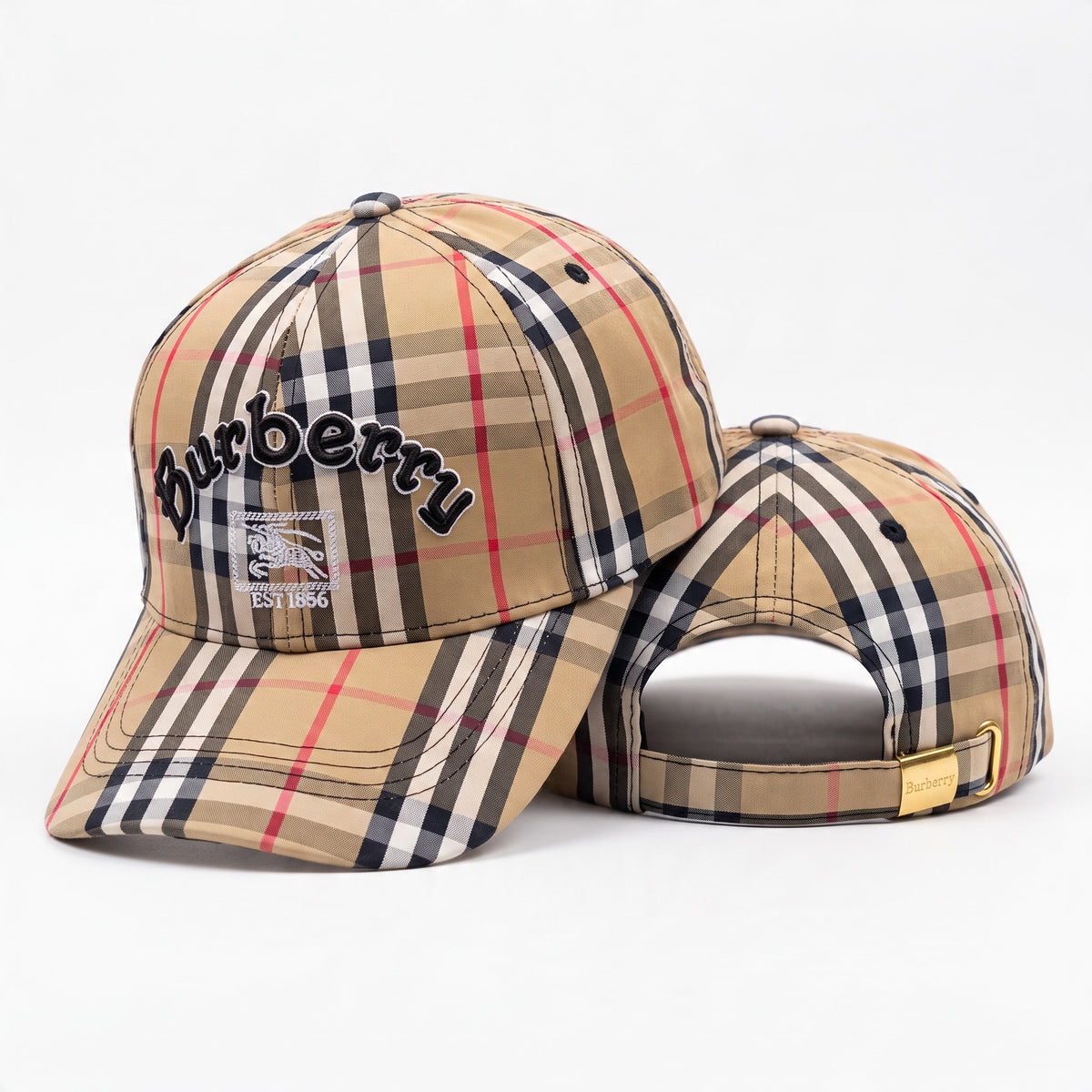 Burberry beige check baseball cap with embroidered logo and adjustable gold-tone buckle