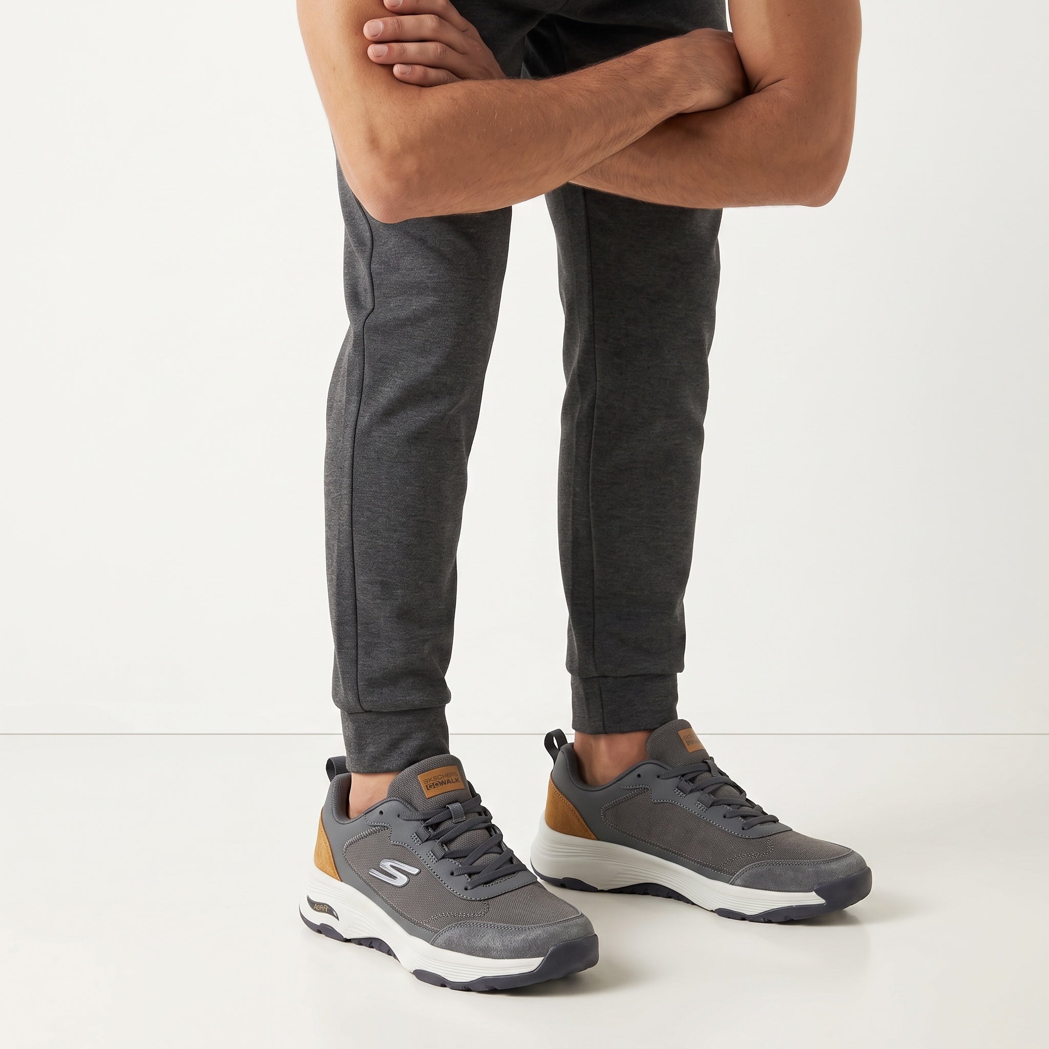 Skechers GoWalk grey and mustard trainers with chunky white sole