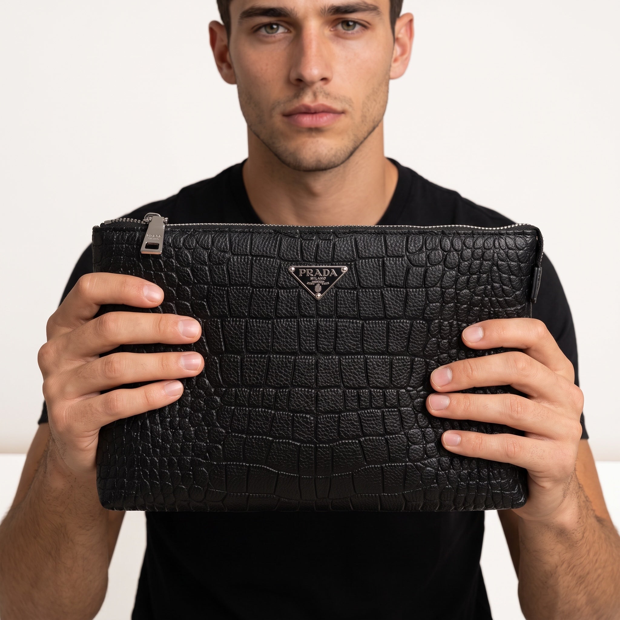 Black Prada croc-embossed zip pouch with triangular logo plaque