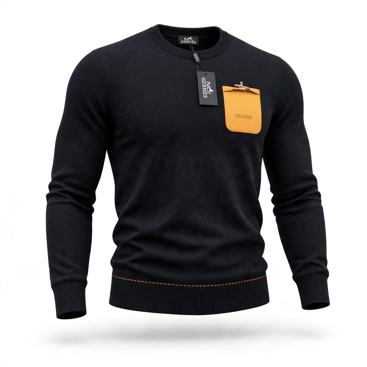 Black Hermès crewneck sweater with orange chest pocket and gold clasp