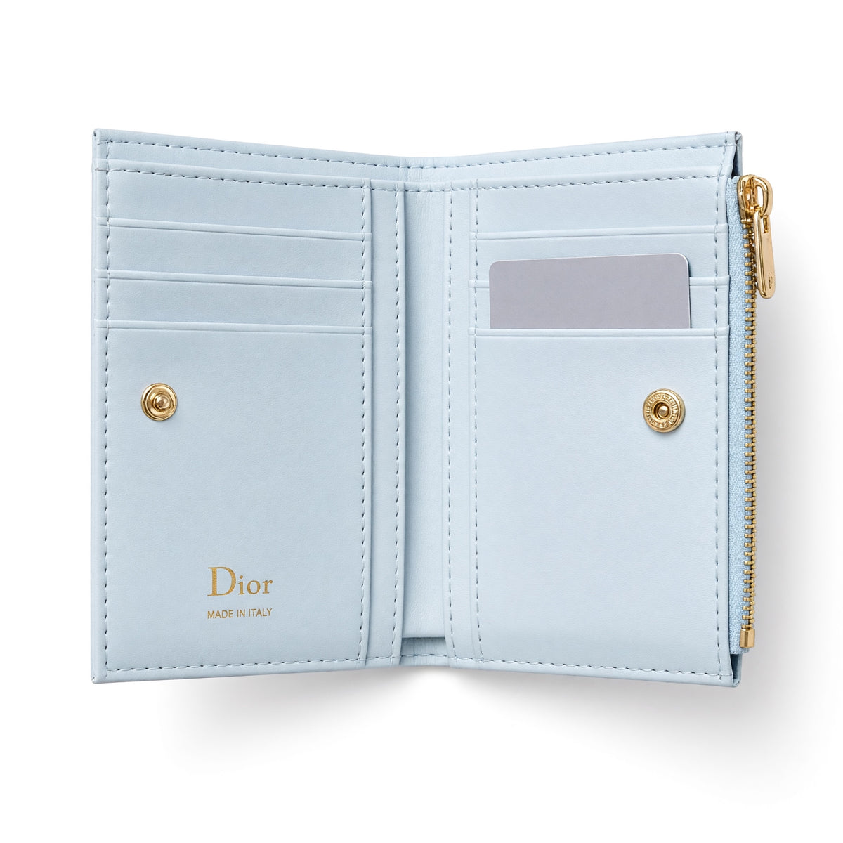 Light blue Dior compact quilted wallet with bow charm and zip pocket