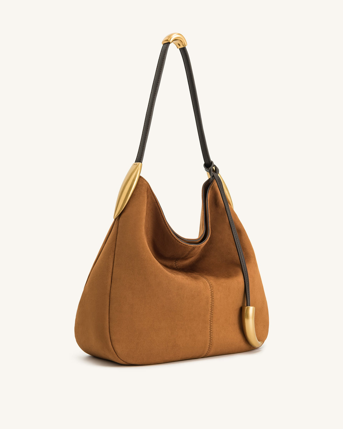 tan hobo bag with gold crescent hardware and single shoulder strap