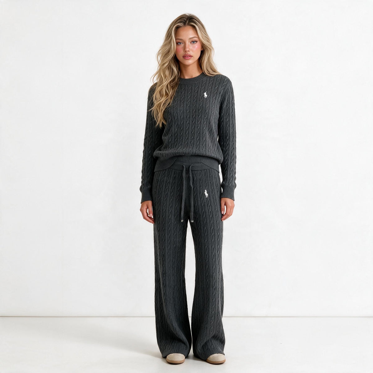 Charcoal cable knit sweater and matching drawstring pants set with Polo pony logo