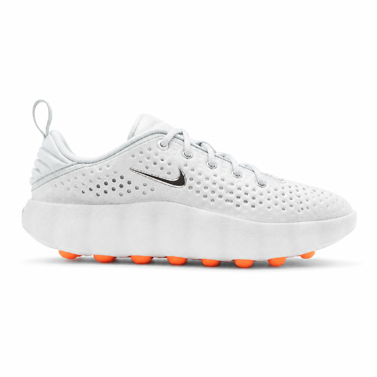 White Nike perforated sneakers with orange pod sole shown from multiple angles