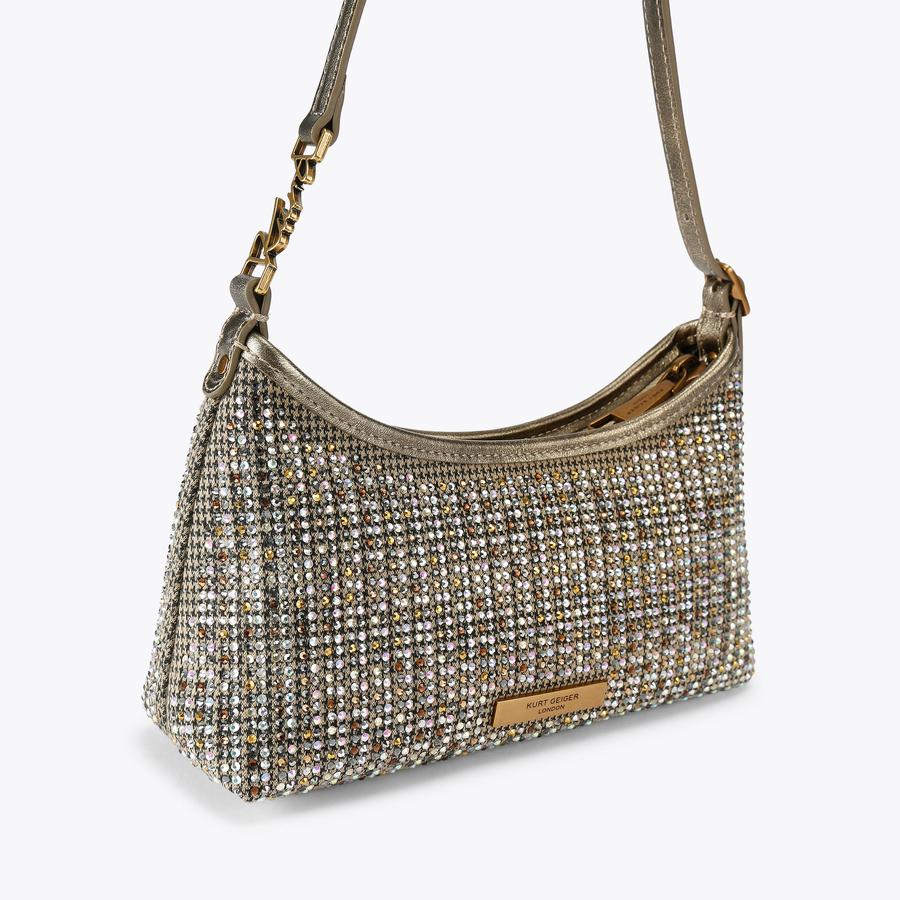 Kurt Geiger gold crystal-embellished hobo shoulder bag with signature hardware