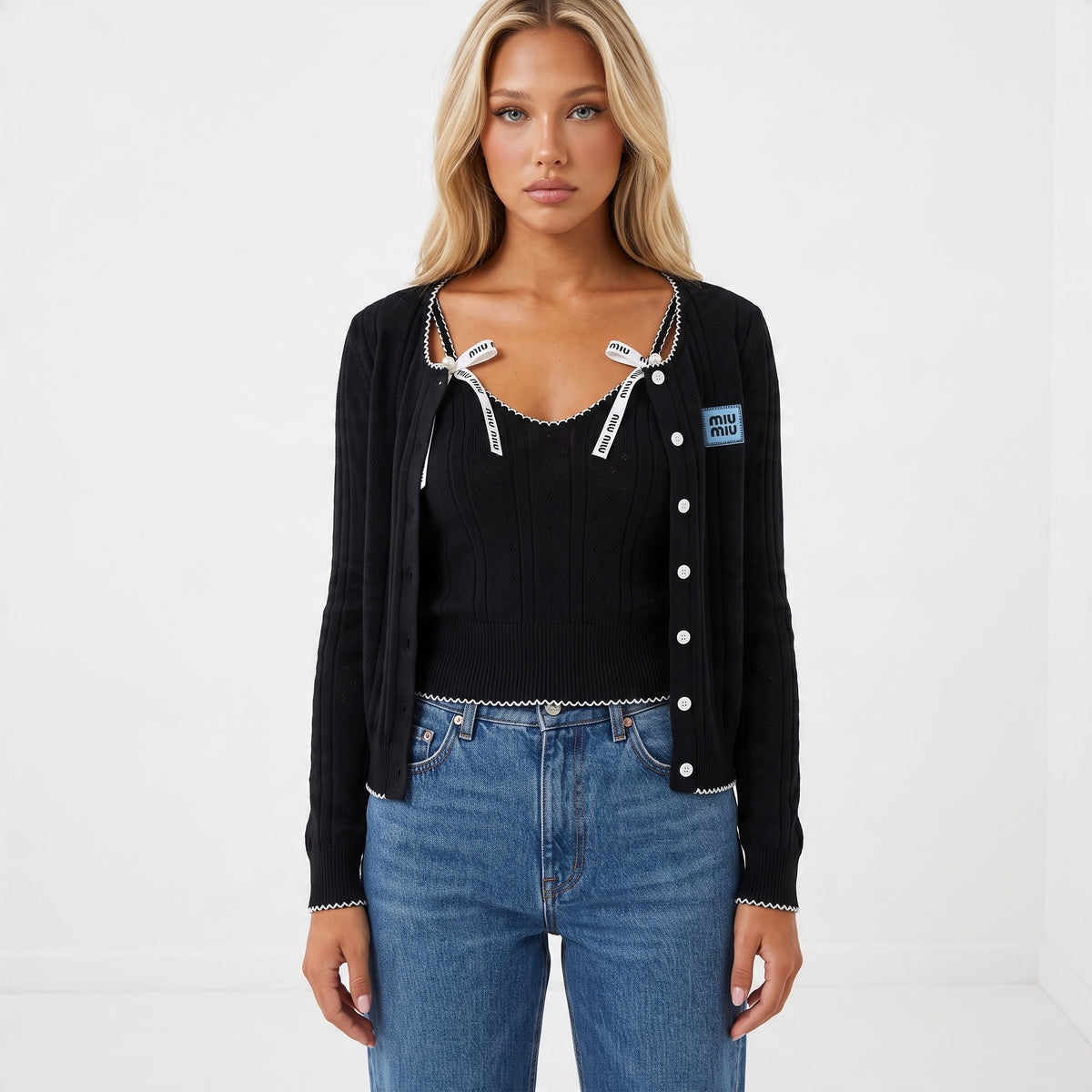 Miu Miu black rib knit cardigan and cropped tank with white scallop trim and logo ribbon bows