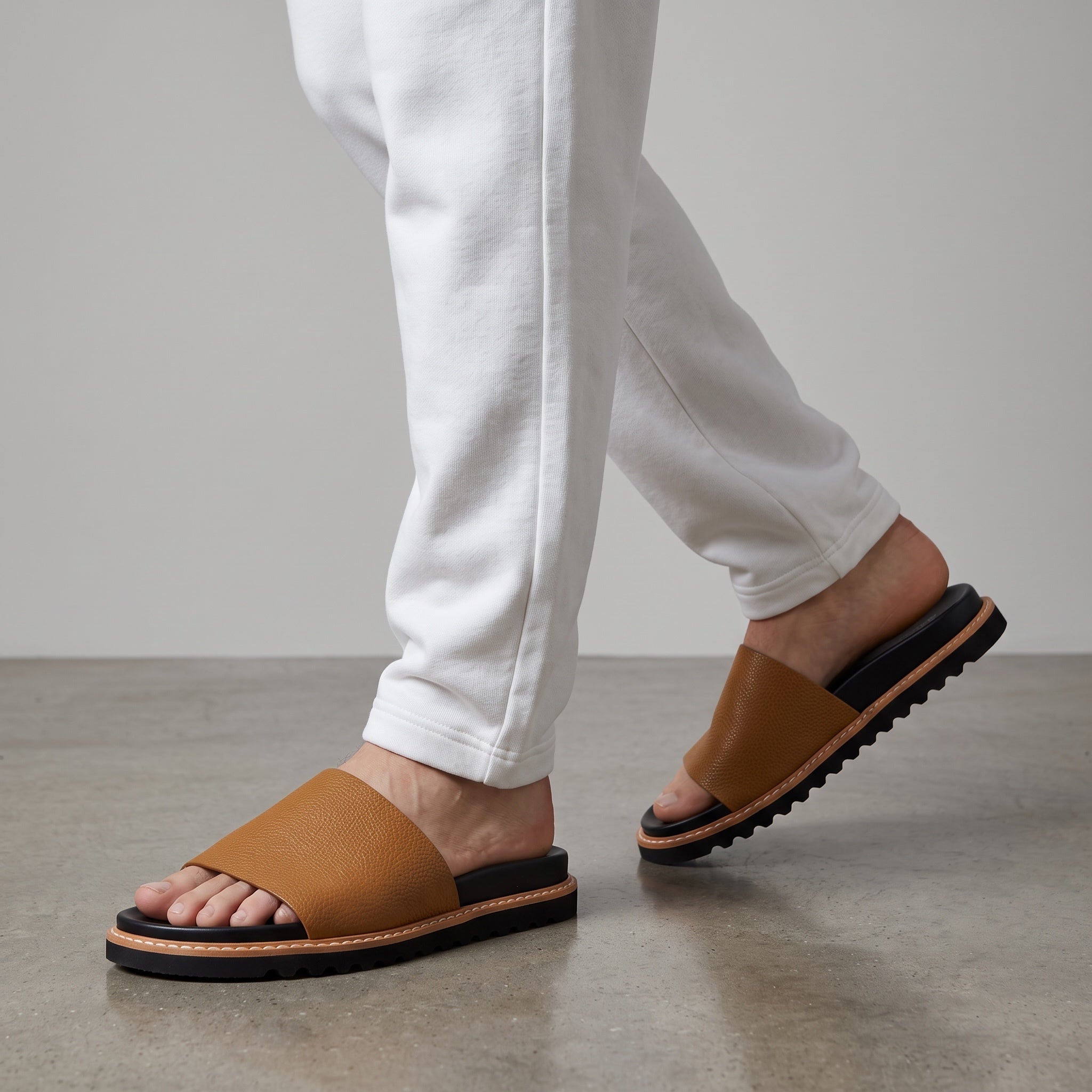 Brunello Cucinelli tan leather men's slide with black cushioned footbed and lug sole