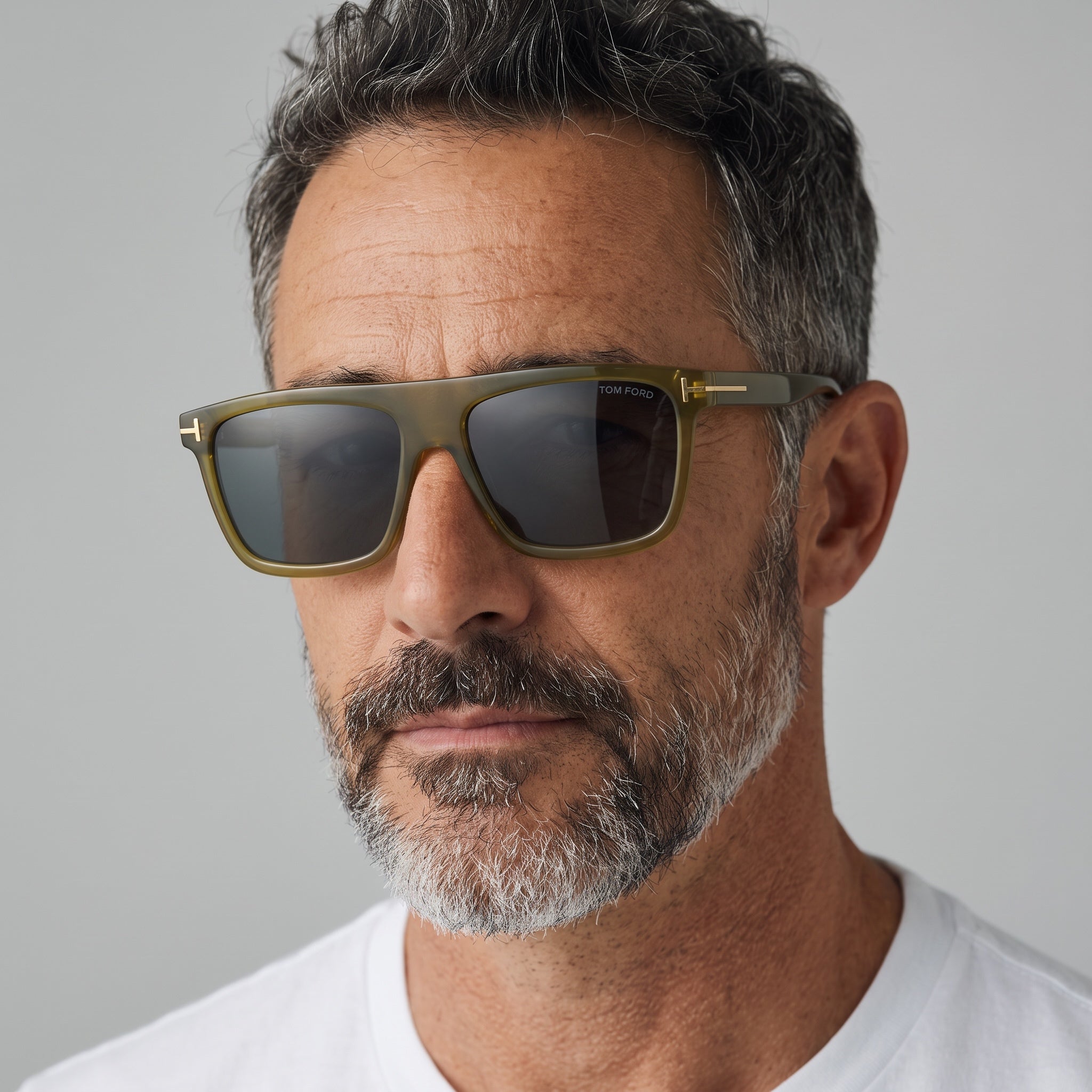Tom Ford olive square sunglasses with dark tinted lenses