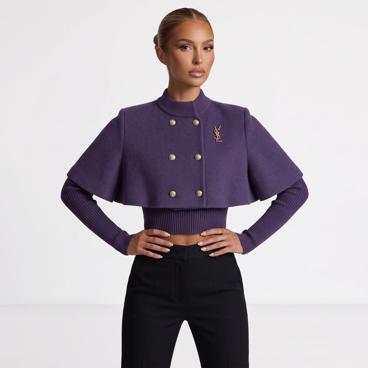Saint Laurent cropped purple cape jacket with gold buttons and YSL logo