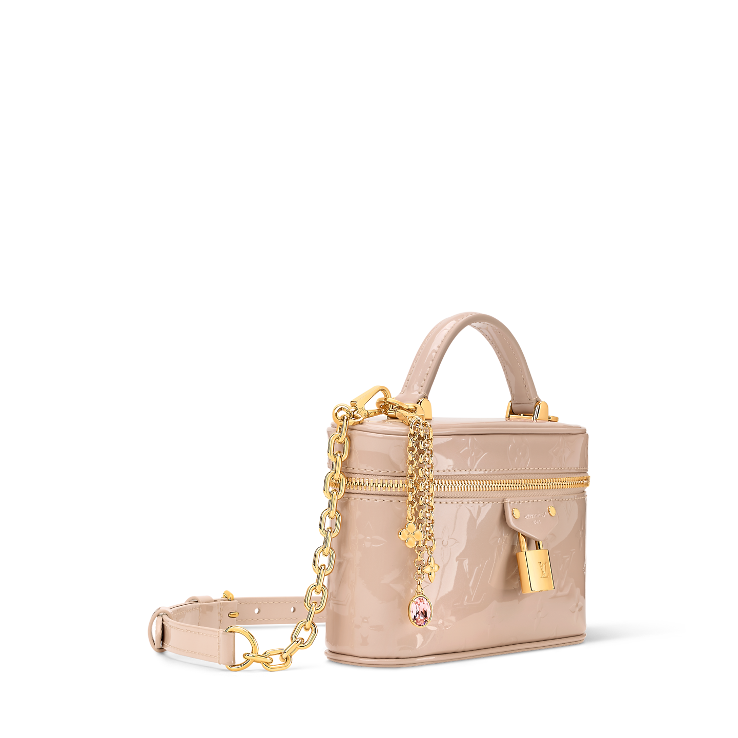 Louis Vuitton pale pink patent monogram vanity bag with top handle and gold lock