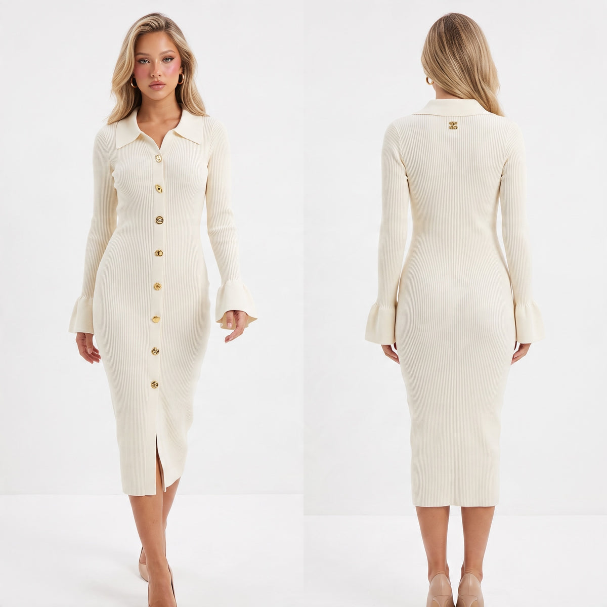 Ivory ribbed knit midi dress with gold buttons and pointed collar photographed front and back