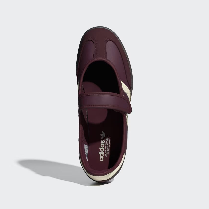 maroon adidas samba mary jane sneaker with cream three stripes and velcro strap