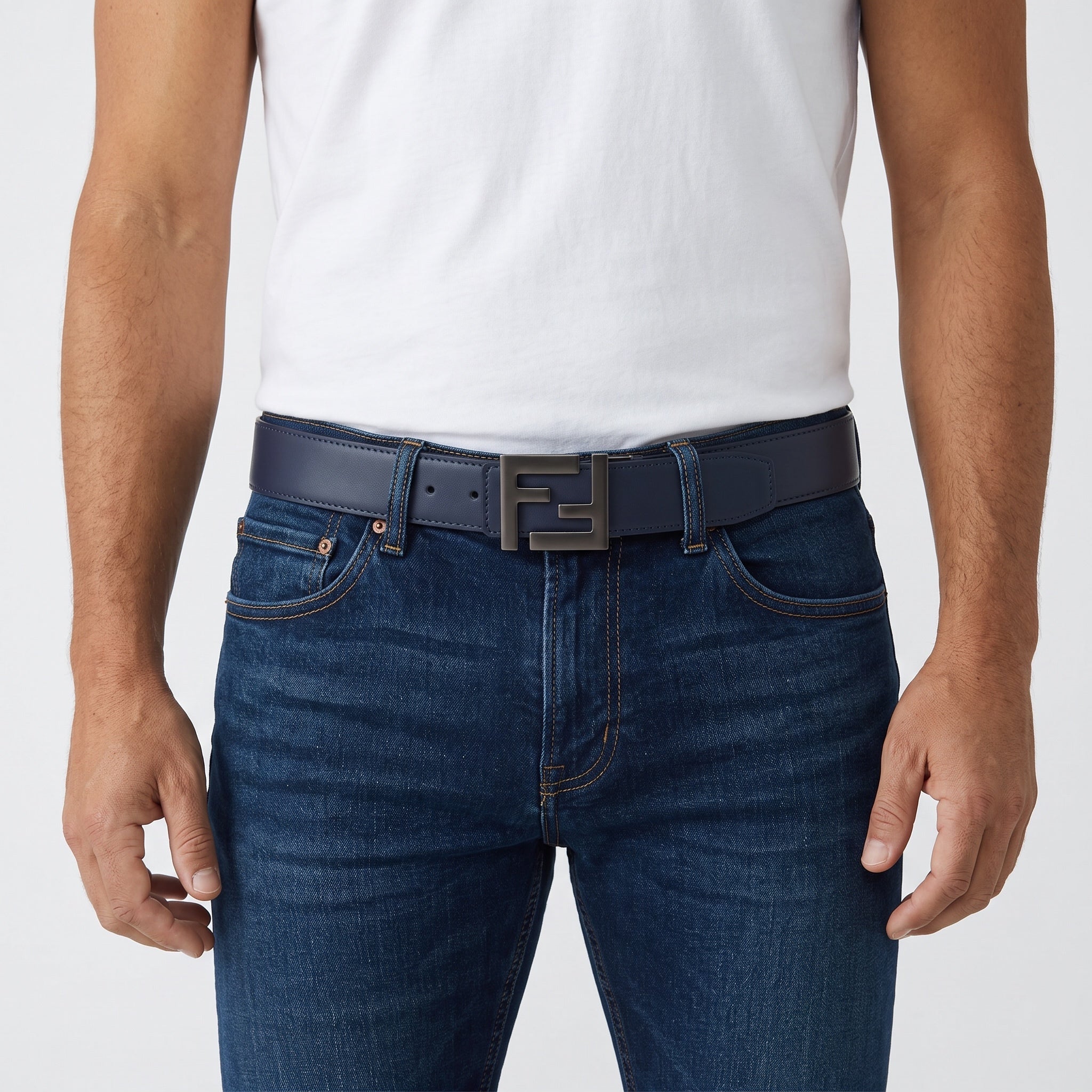 Fendi Men's Leather Belt – Navy FF Buckle 🔷125 cm - MASTERPIECE