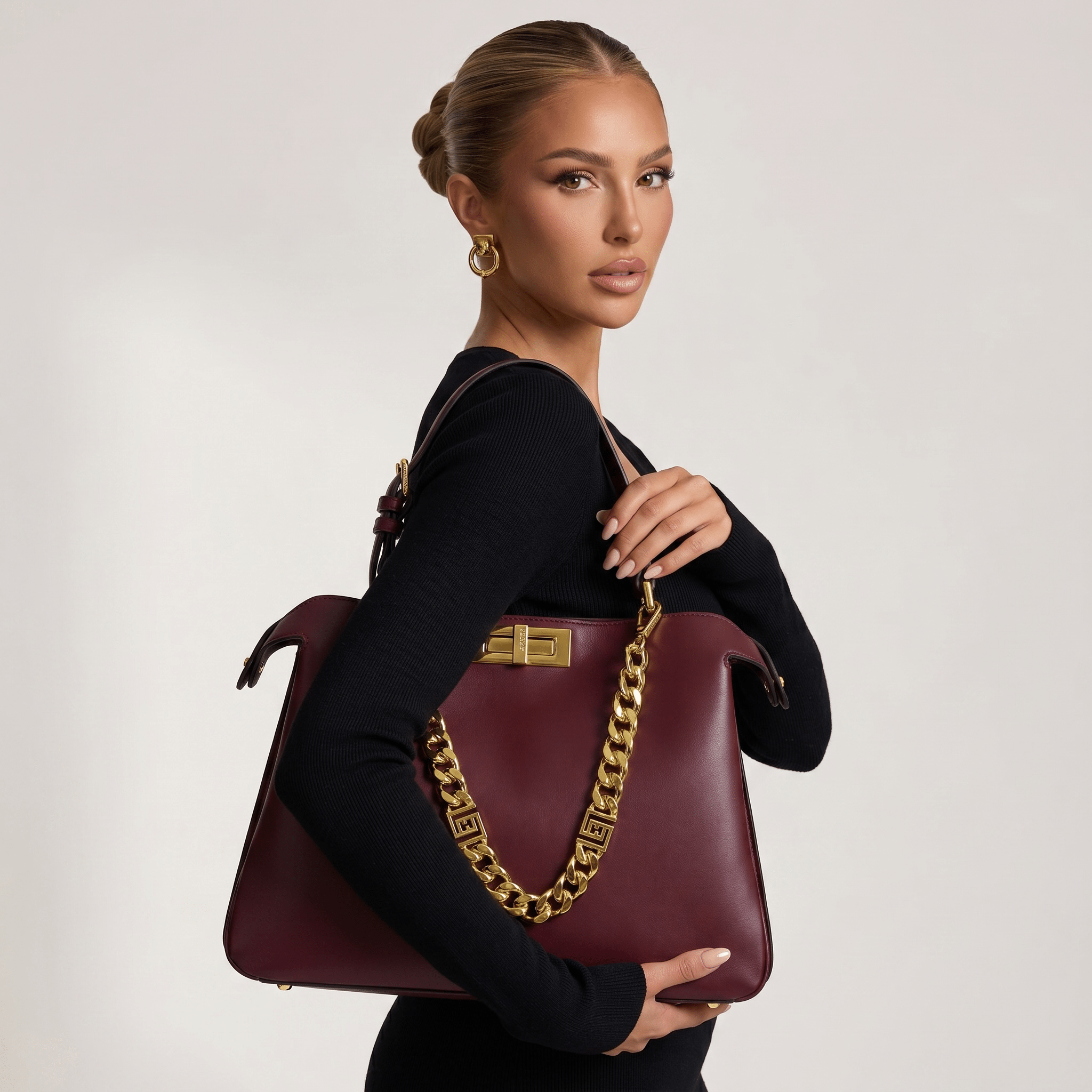🤎 Fendi Peekaboo Burgundy Leather Bag | Luxury Gold Chain Designer Handbag ✨ - MASTERPIECE