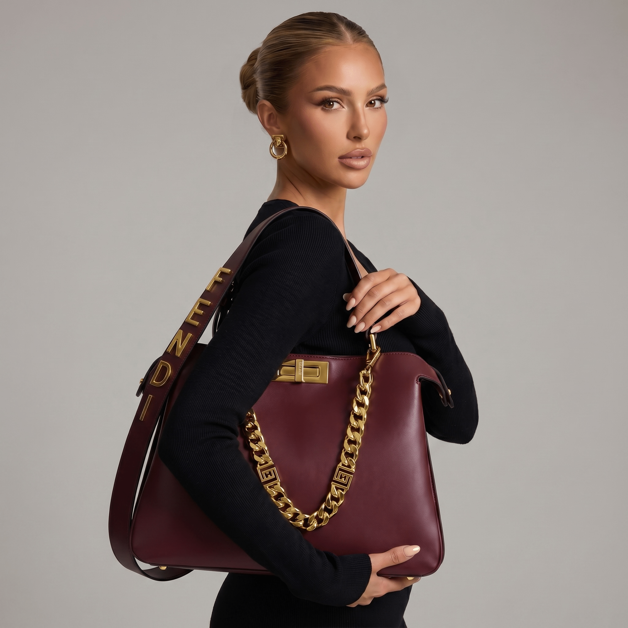 🤎 Fendi Peekaboo Burgundy Leather Bag | Luxury Gold Chain Designer Handbag ✨ - MASTERPIECE