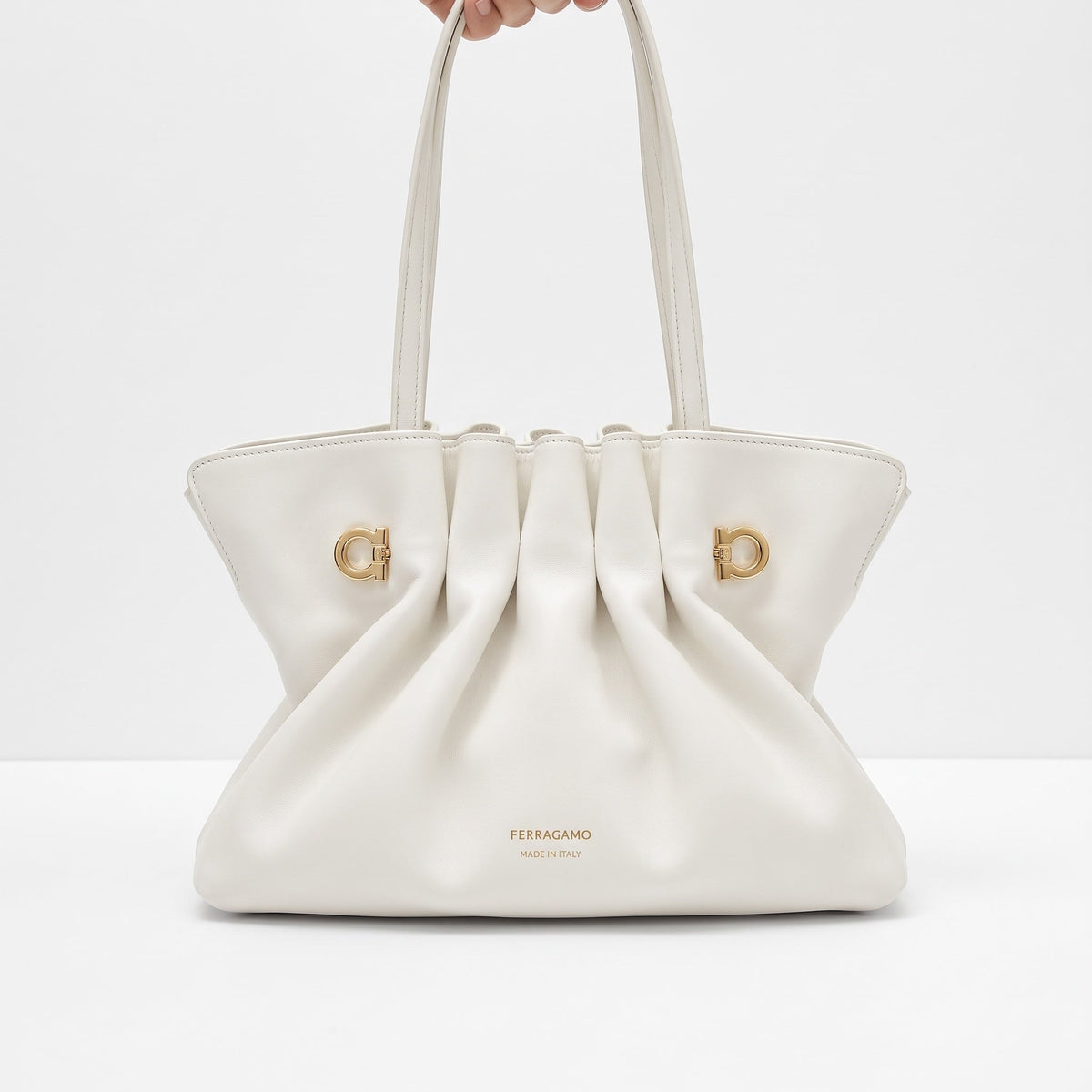 Ferragamo Pleated Tote – White Sculpted Handbag 🤍👜 - MASTERPIECE