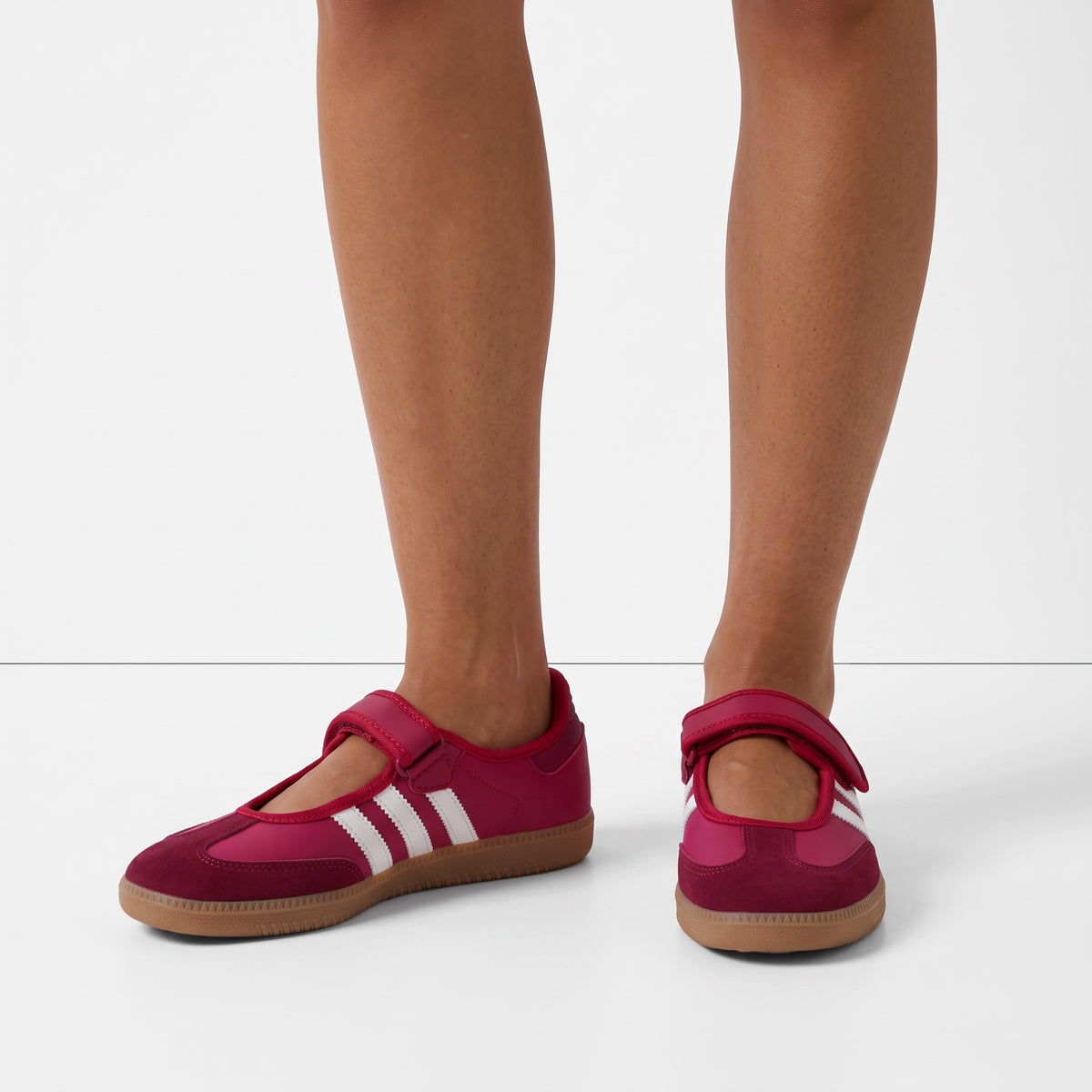 pink adidas Samba Mary Jane sneaker with white stripes and gum sole