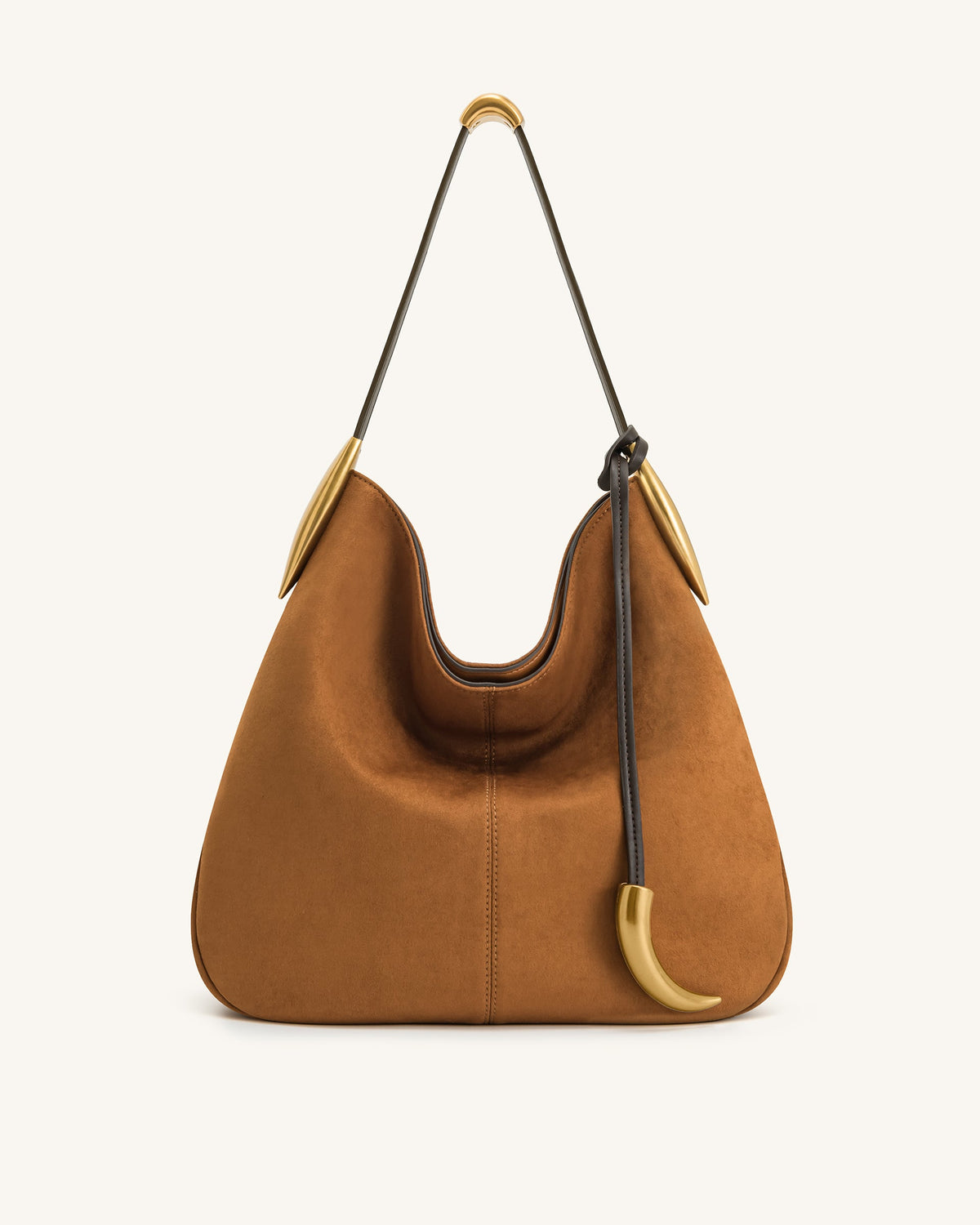 tan hobo bag with gold crescent hardware and single shoulder strap