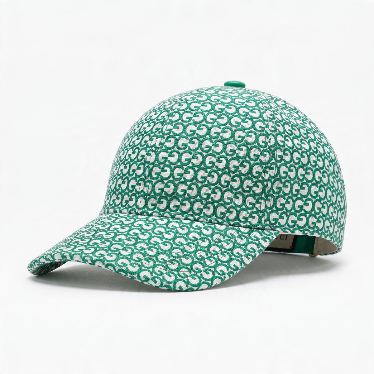 Green and white Gucci GG monogram baseball cap with curved brim and adjustable strap