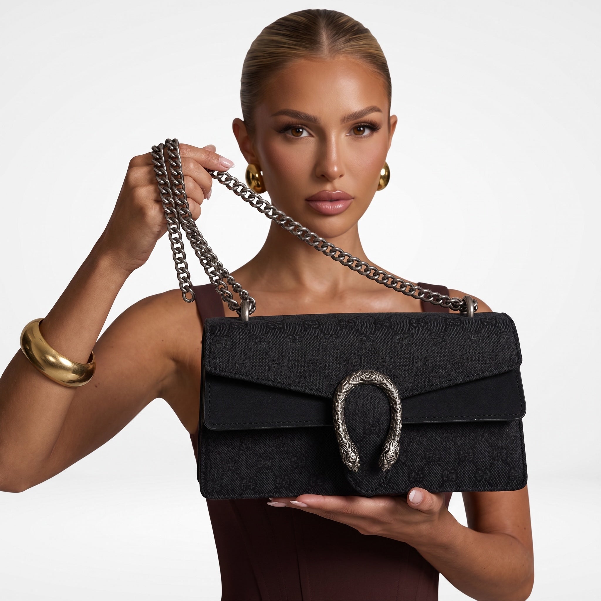 Gucci Dionysus black GG canvas mini flap bag with double tiger-head hardware and chain strap