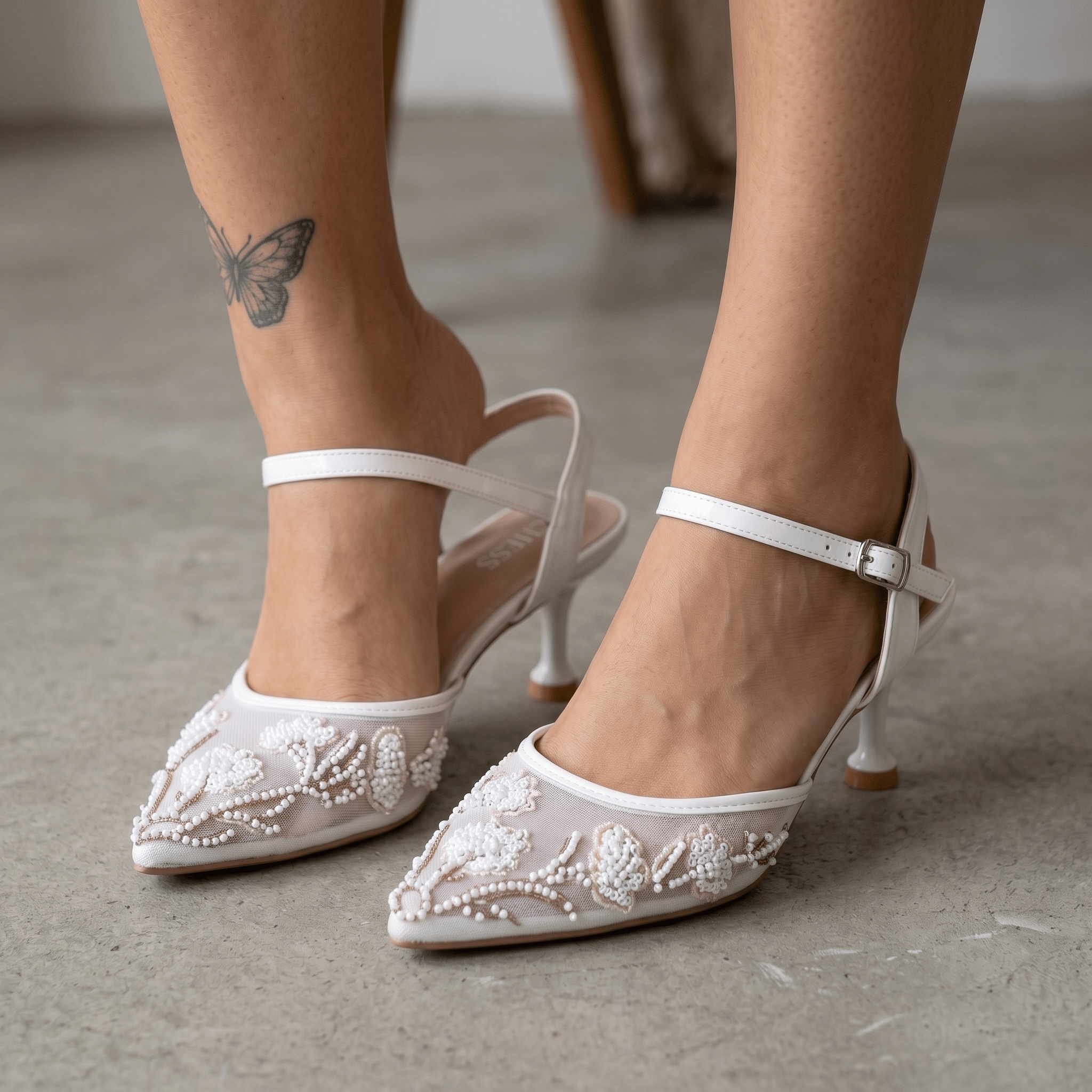 Floral Pearl Mesh Heels – Ivory Elegance 🤍✨ - MASTERPIECE