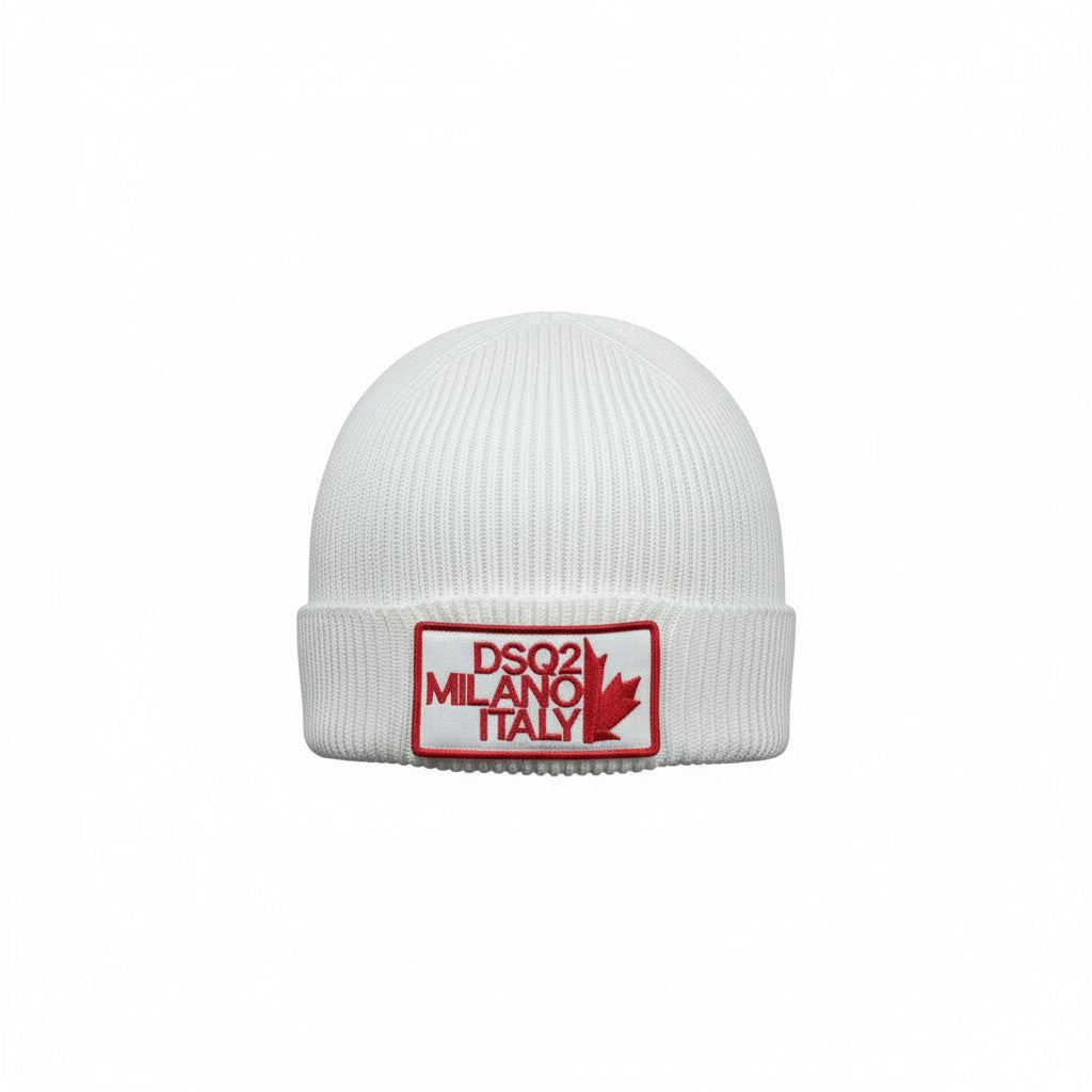 ❄️ DSQUARED2 Milano Italy White Beanie | Red Maple Leaf Logo Hat