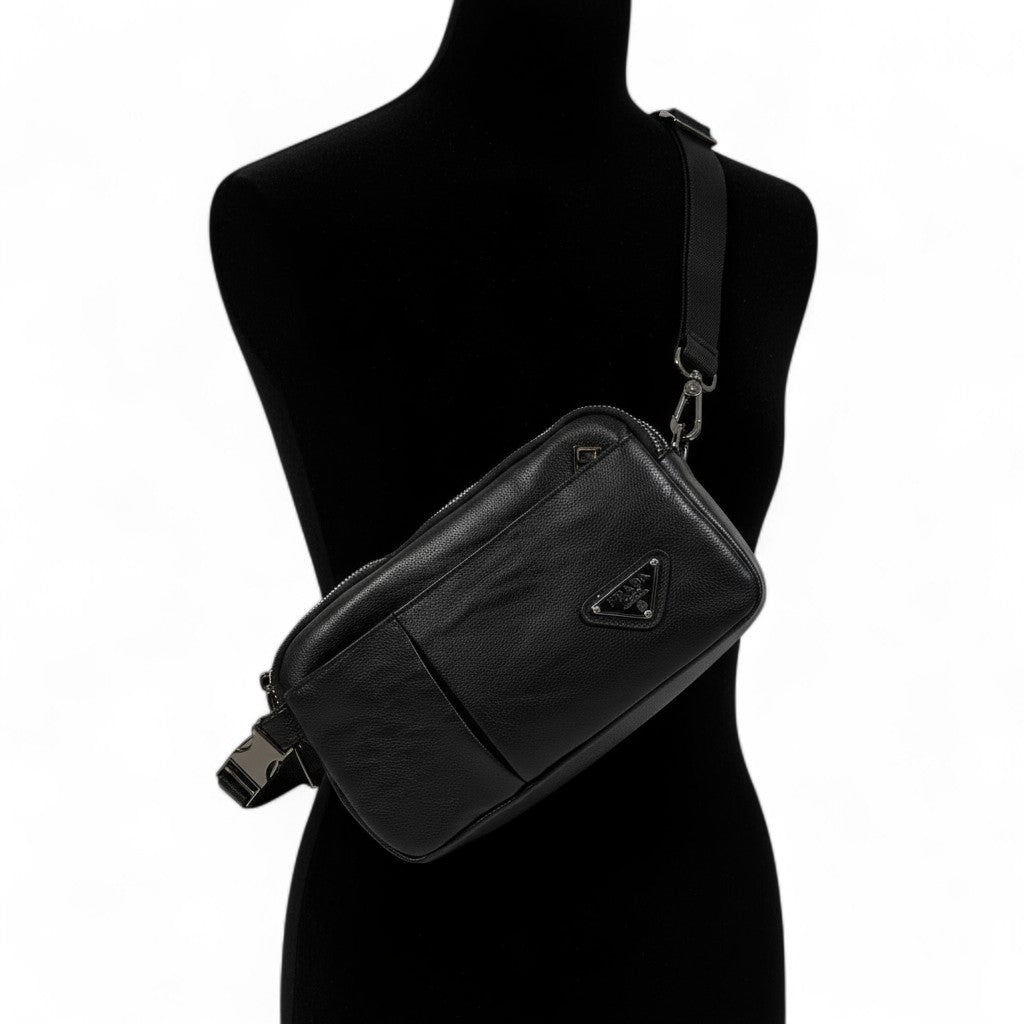 PRADA Black Leather Crossbody Bag 🖤 | Luxury Minimalist Belt Pouch for Everyday Elegance