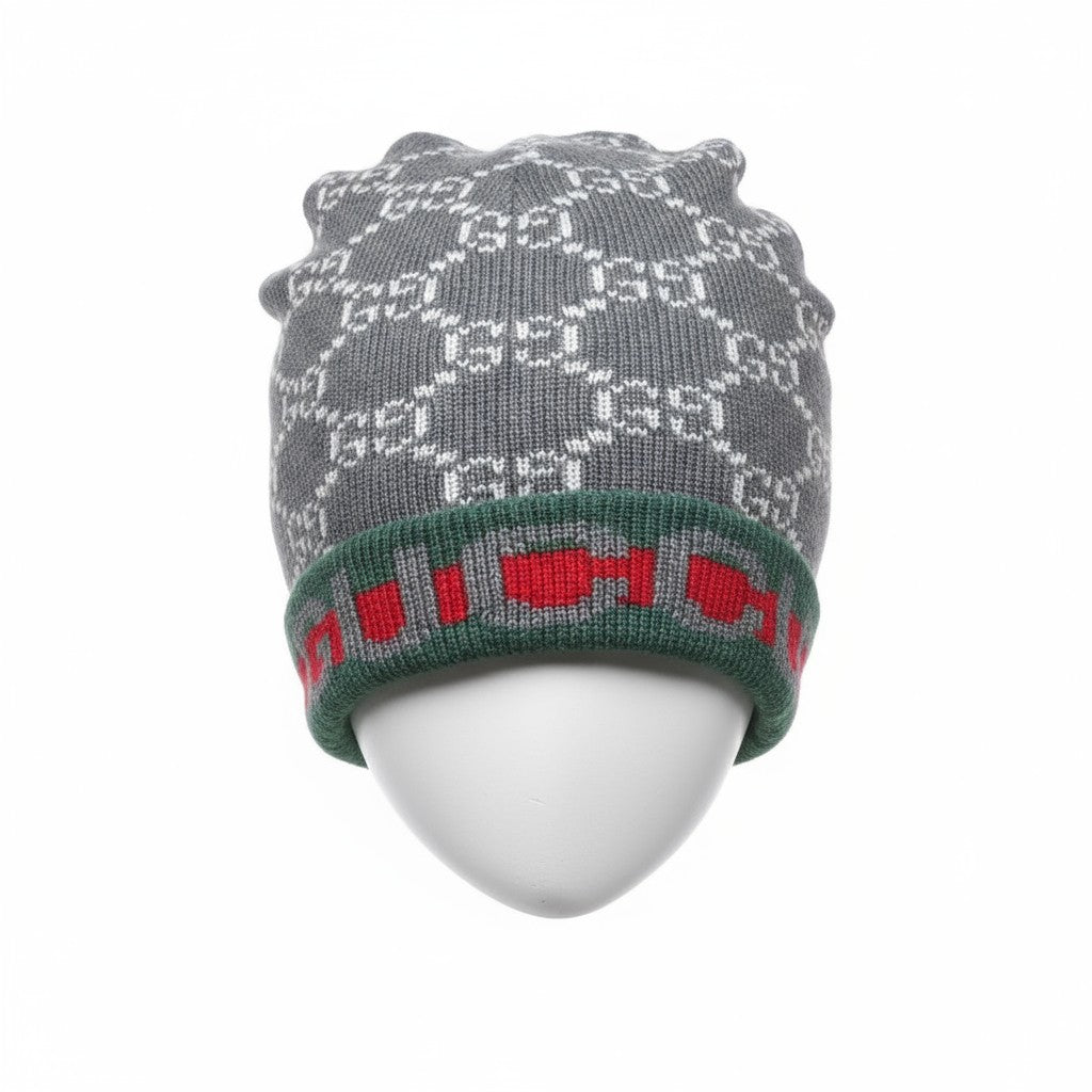 🩶 Gucci Grey GG Knit Beanie with Green & Red Trim | Luxury Winter Hat