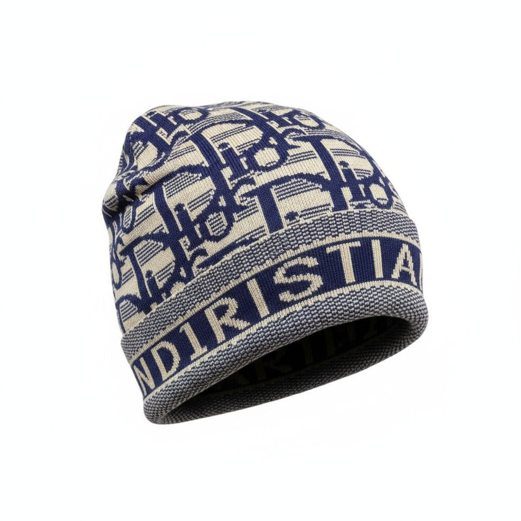 💙 Dior Navy & Beige Monogram Beanie | Christian Dior Knit Logo Hat