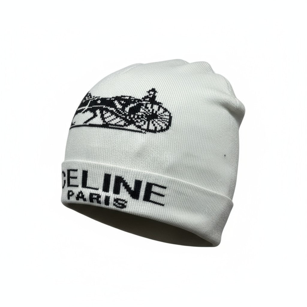 🤍 CELINE Paris White Beanie | Horse Carriage Logo Knit Hat