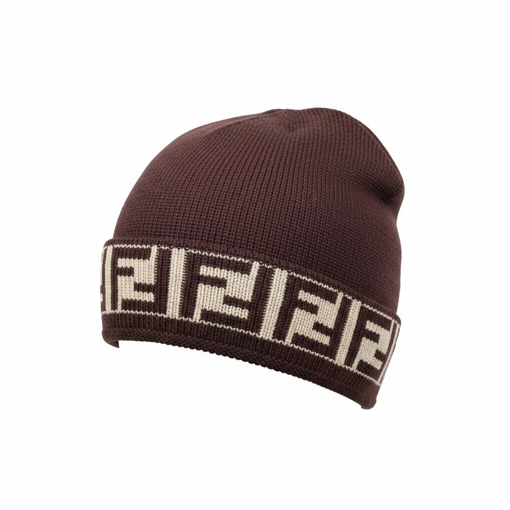 🤎 Fendi FF Logo Brown Beanie | Luxury Monogram Knit Winter Hat