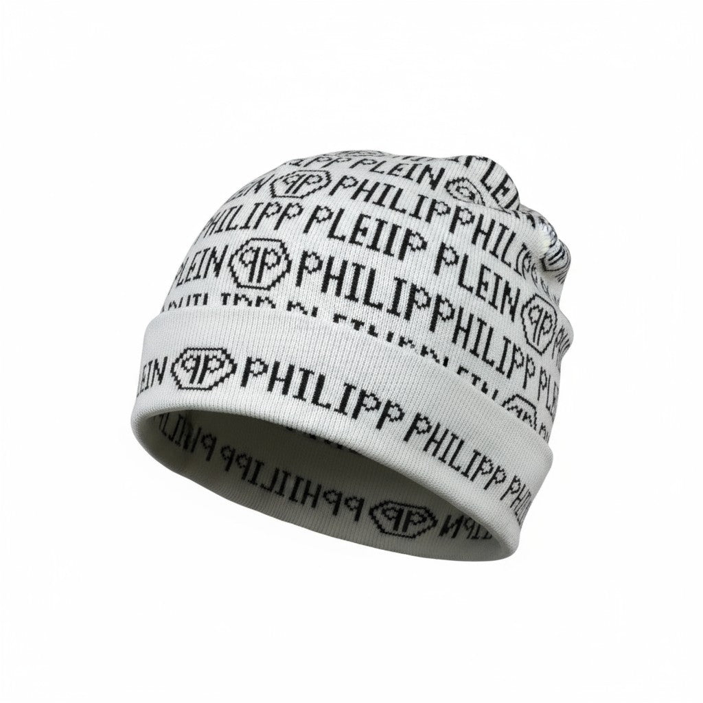 🤍 Philipp Plein Monogram White Beanie | All-Over Logo Designer Knit Hat
