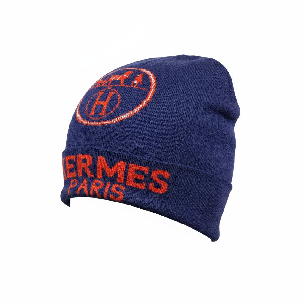 🧡 Hermès Paris Navy Blue Beanie | Signature “H” Logo Knit Hat