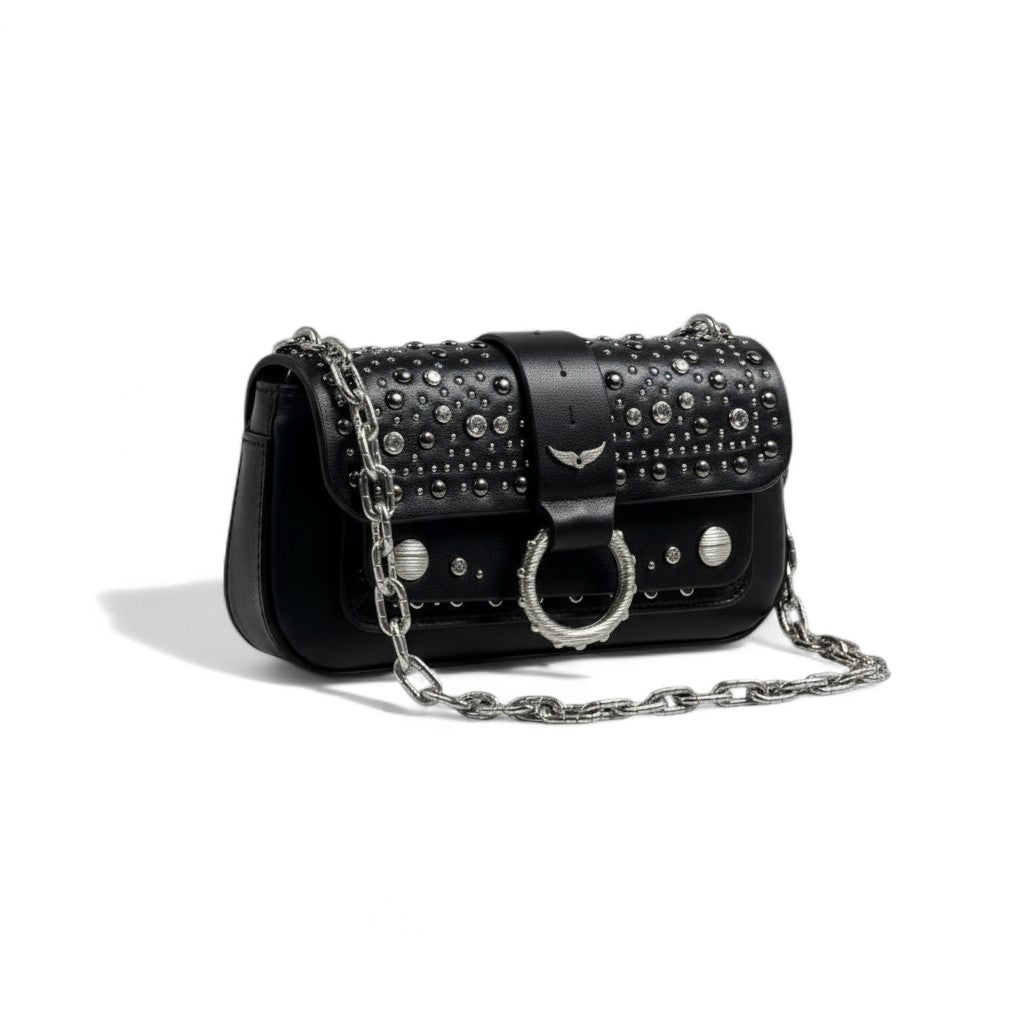 Zadig & Voltaire Black Studded Leather Bag 🖤🔥 | Silver Chain Strap – With Box 📦