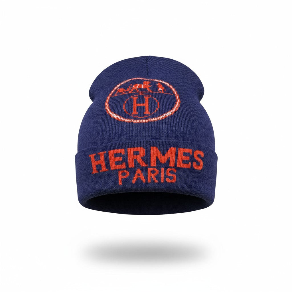 🧡 Hermès Paris Navy Blue Beanie | Signature “H” Logo Knit Hat