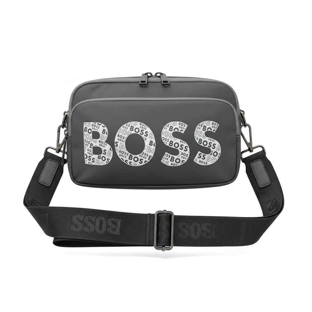 BOSS Signature Crossbody Bag – Sleek Grey Statement Shoulder Bag 🖤👜