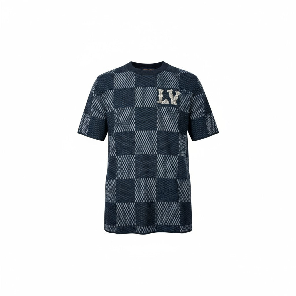 🧵 Louis Vuitton LV Knit Checkerboard Tee – Navy Monogram Style 🔷🖤