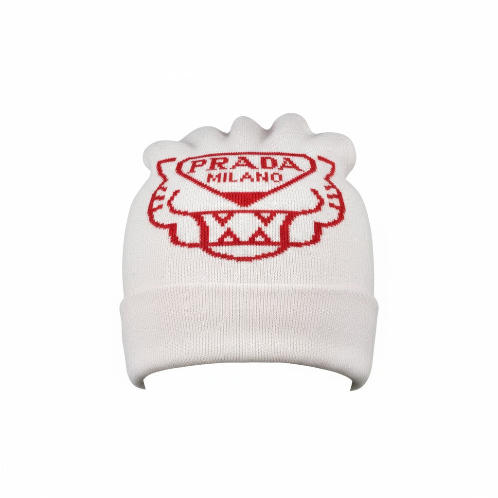 🤍 Prada Milano White & Red Beanie | Luxury Knit Winter Hat
