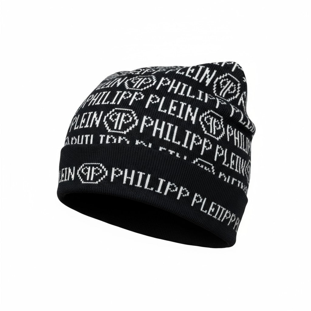 🖤 Philipp Plein Monogram Black Beanie | All-Over Logo Luxury Knit Hat