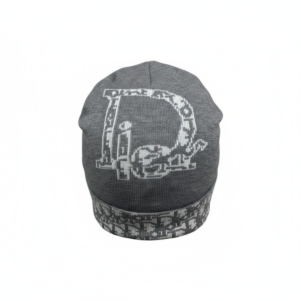 🩶 Dior Grey Knit Beanie | Christian Dior Oversized Logo Hat