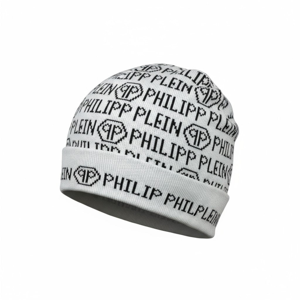 🤍 Philipp Plein Monogram White Beanie | All-Over Logo Designer Knit Hat