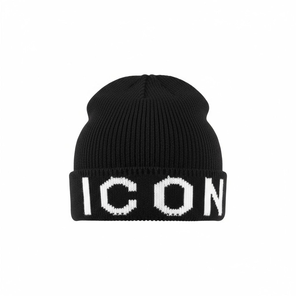🖤 Dsquared2 ICON Black Beanie | Classic White Logo Knit Hat