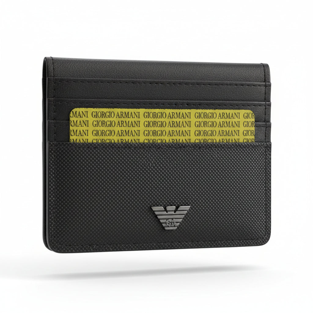 Giorgio Armani Eagle Slim Card Holder – Black Textured Luxury Wallet 🖤🦅