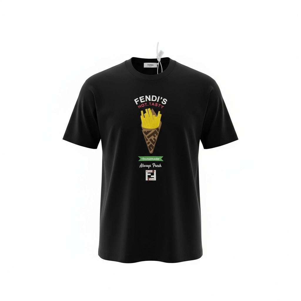 🍟 Fendi “Hot & Tasty” Fries Graphic Tee – Black Street Snack Edition 🔥🖤
